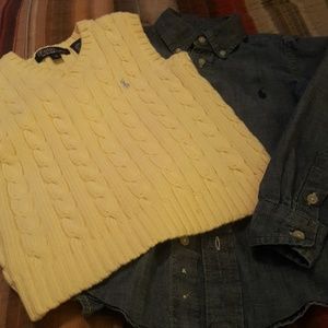 Chambray denim button down & yellow cable knitvest